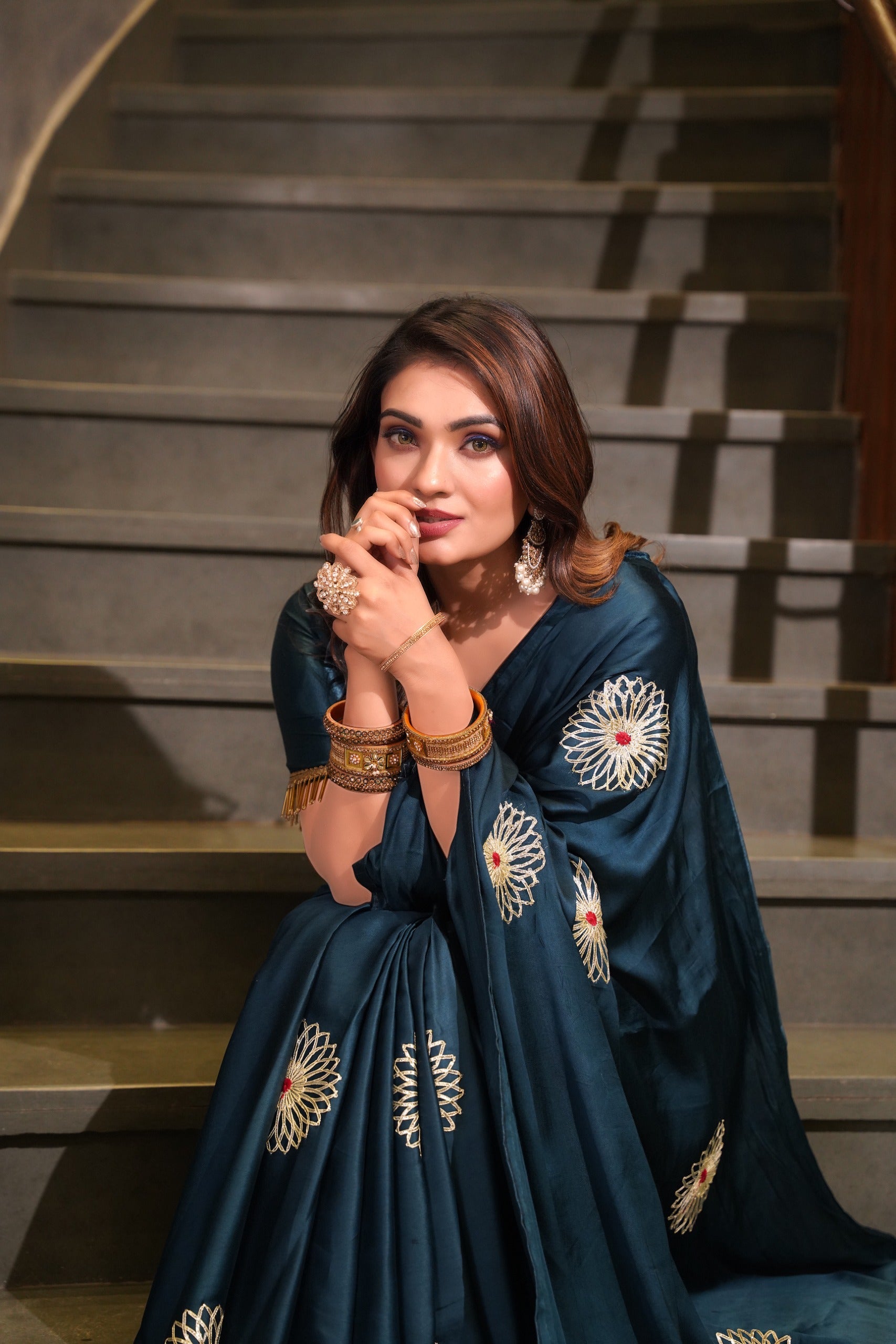 Luxe Drapes – Premium Embroidered Silk Saree with Golden Zari Pallu & Tassel Detailing