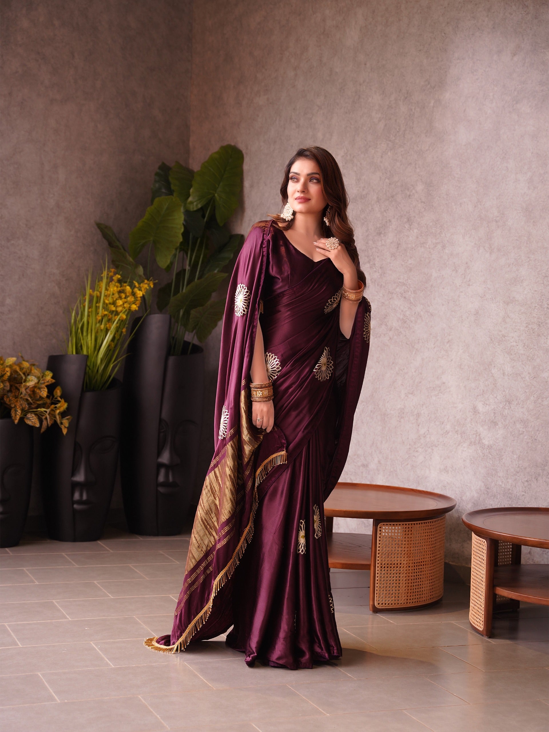 Luxe Drapes – Premium Embroidered Silk Saree with Golden Zari Pallu & Tassel Detailing