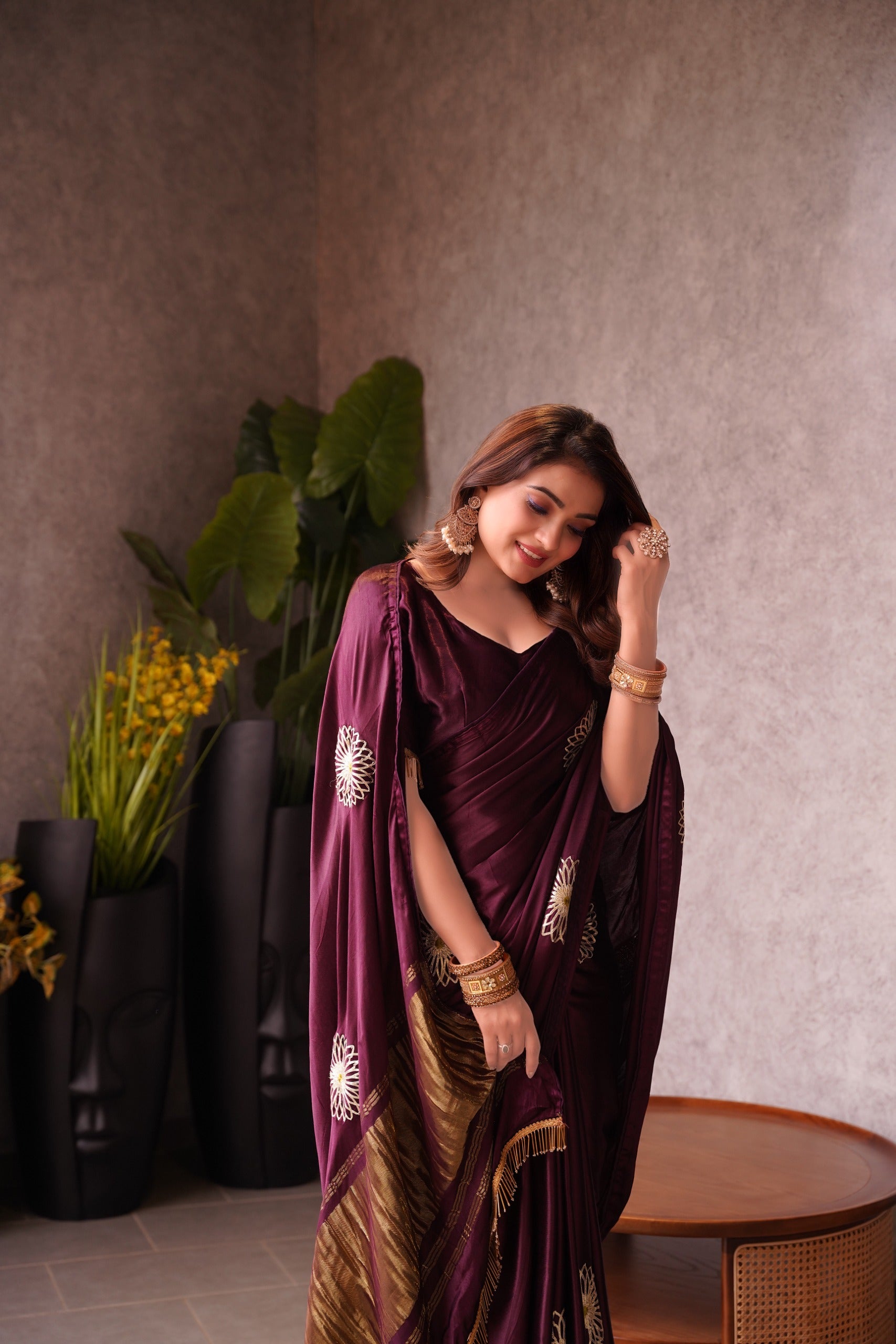 Luxe Drapes – Premium Embroidered Silk Saree with Golden Zari Pallu & Tassel Detailing