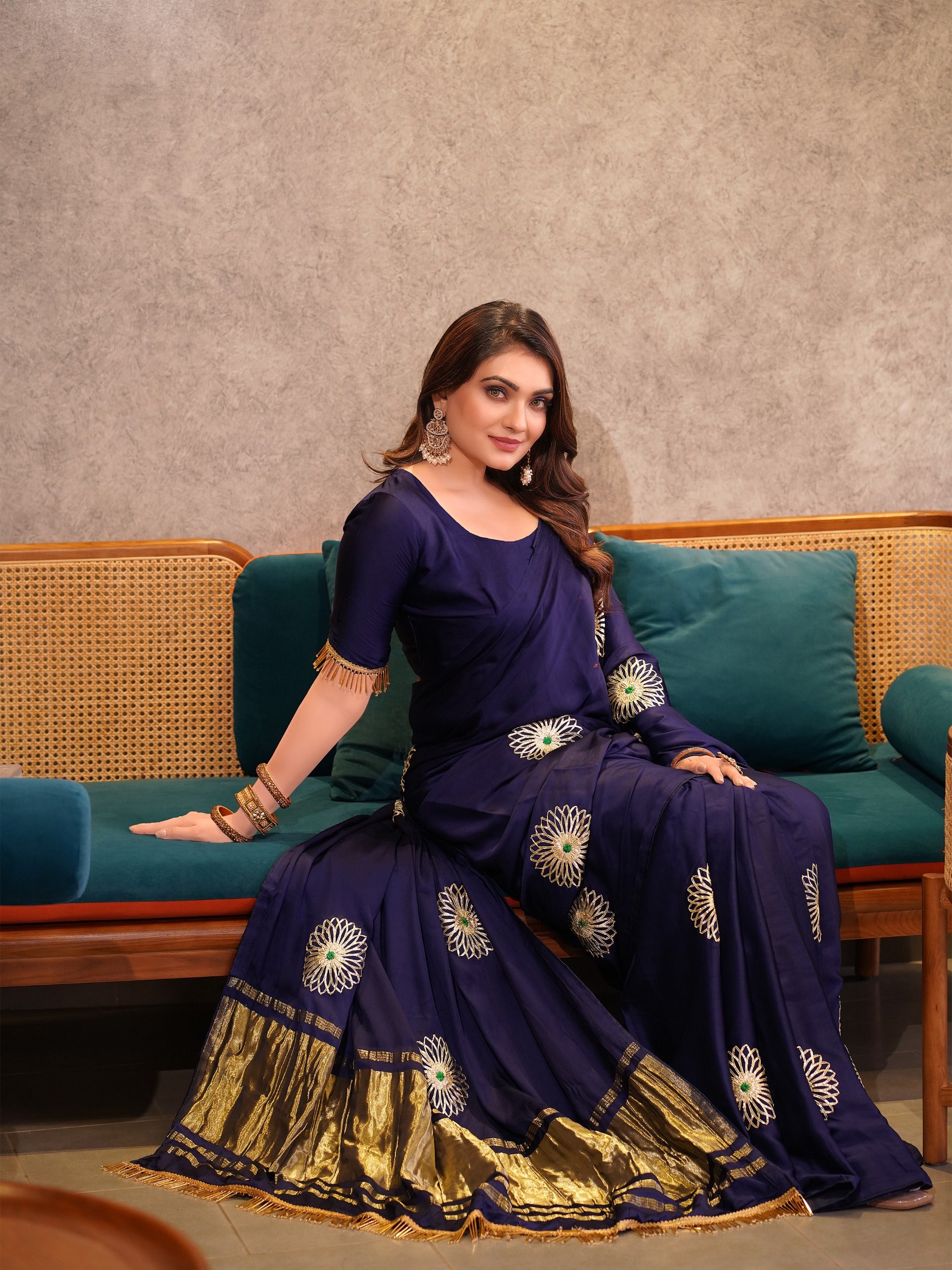 Luxe Drapes – Premium Embroidered Silk Saree with Golden Zari Pallu & Tassel Detailing