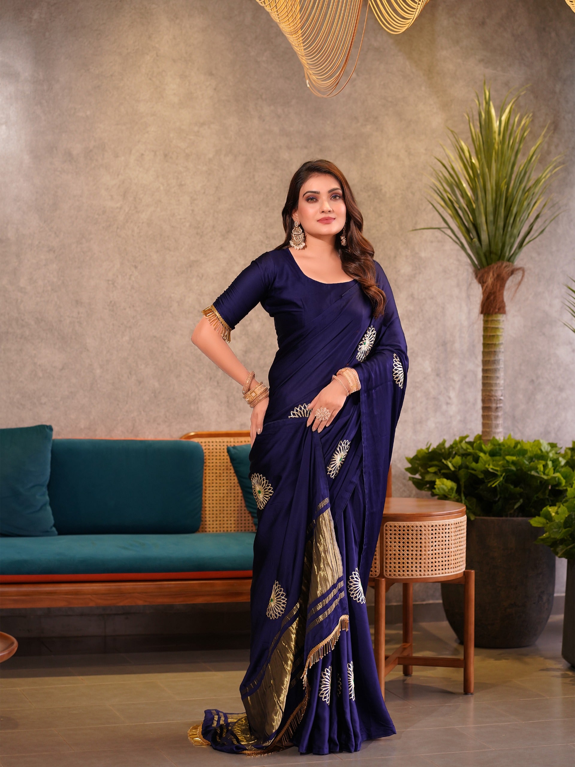 Luxe Drapes – Premium Embroidered Silk Saree with Golden Zari Pallu & Tassel Detailing