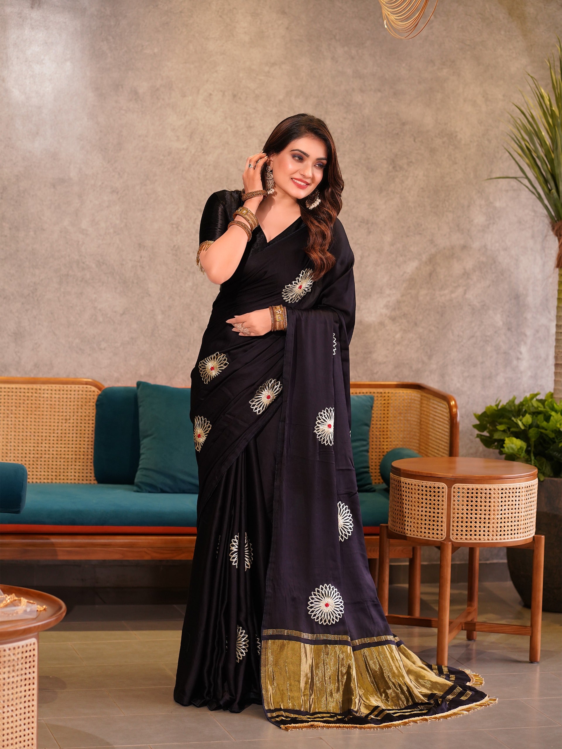 Luxe Drapes – Premium Embroidered Silk Saree with Golden Zari Pallu & Tassel Detailing
