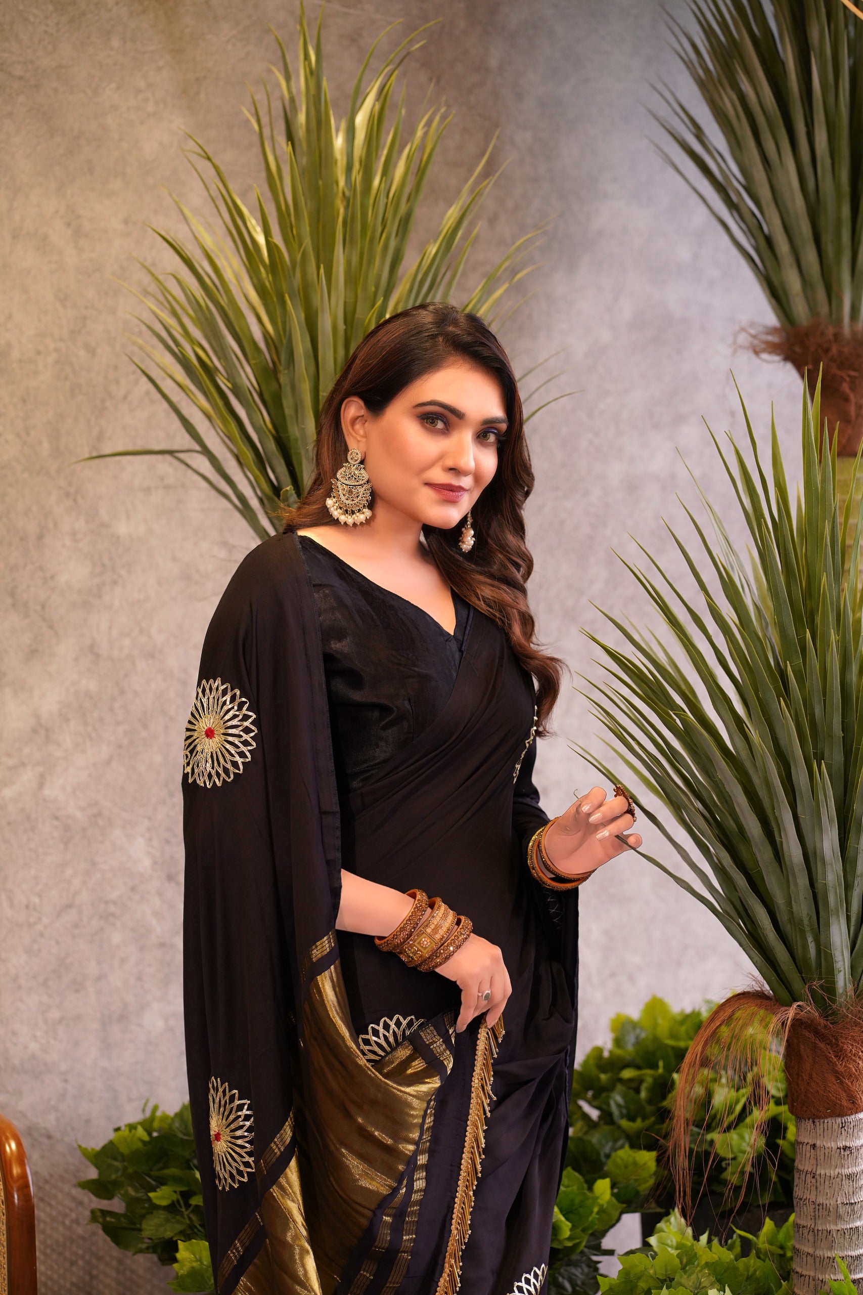 Luxe Drapes – Premium Embroidered Silk Saree with Golden Zari Pallu & Tassel Detailing