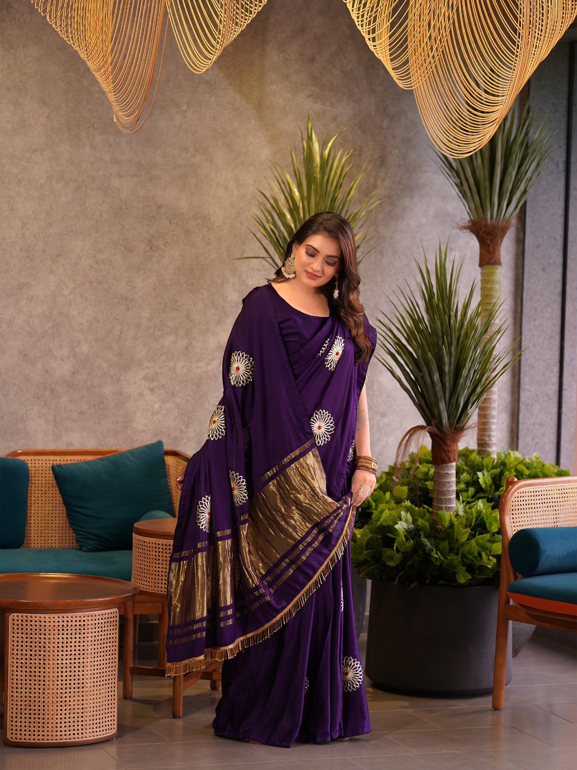 Luxe Drapes – Premium Embroidered Silk Saree with Golden Zari Pallu & Tassel Detailing