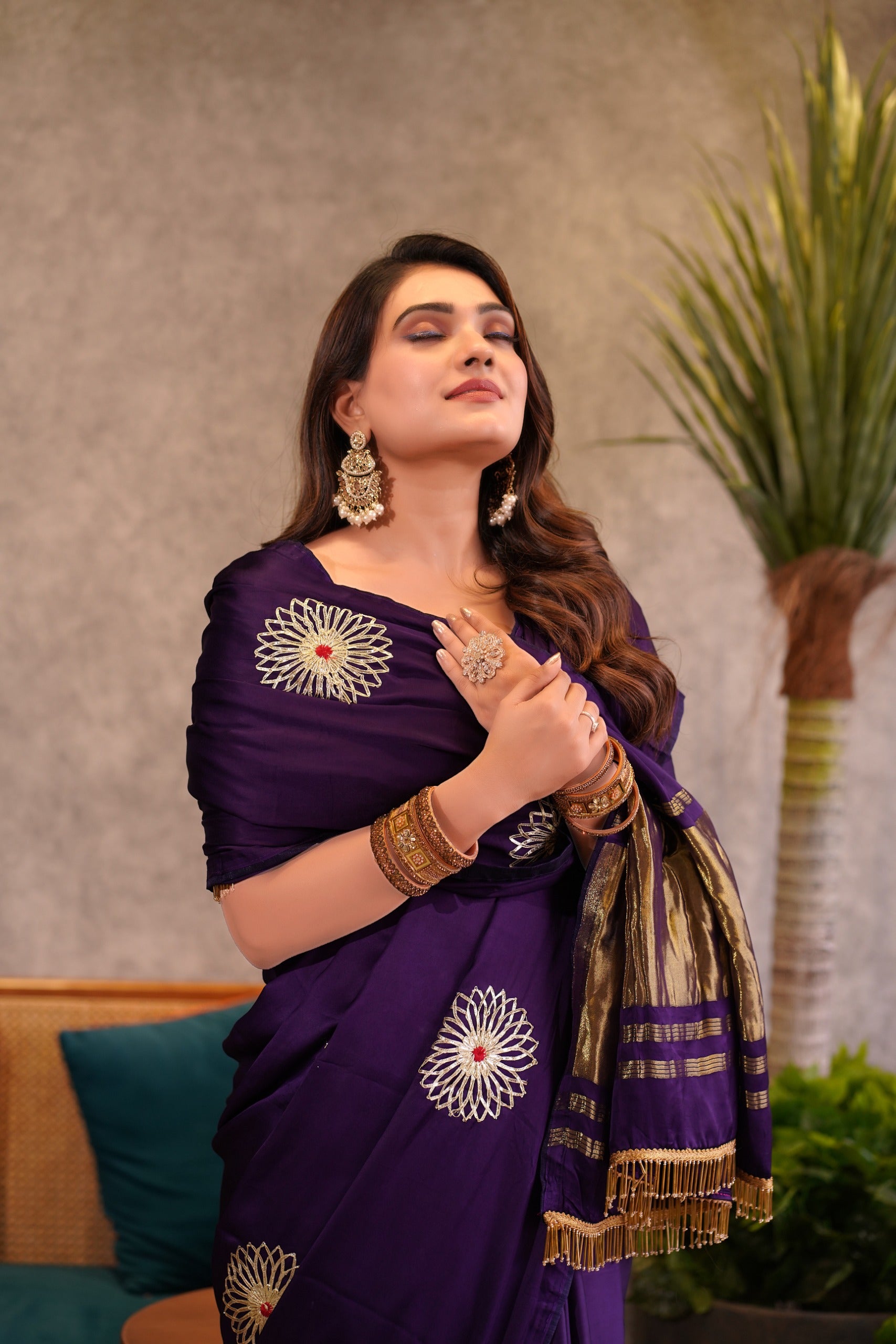 Luxe Drapes – Premium Embroidered Silk Saree with Golden Zari Pallu & Tassel Detailing