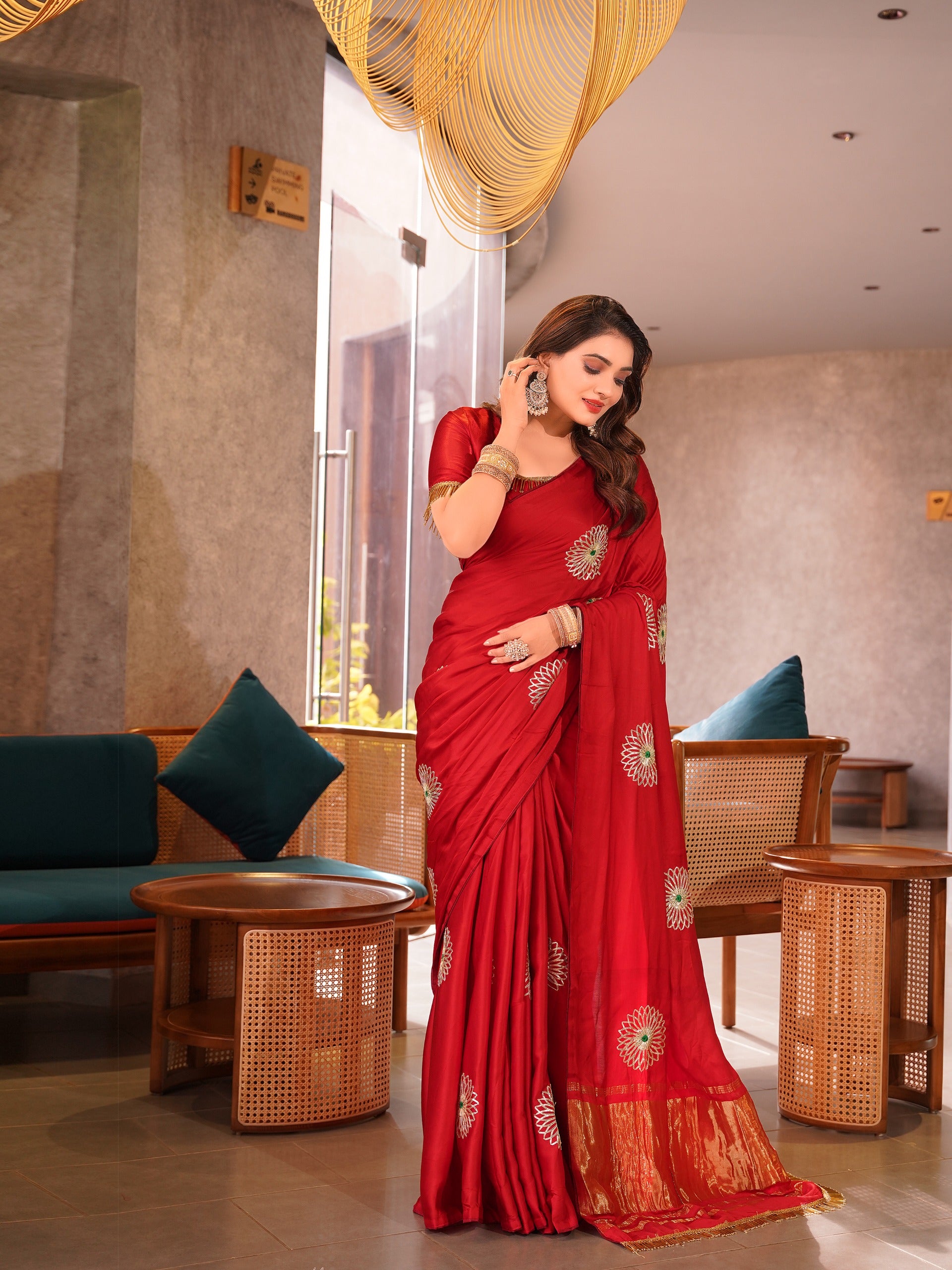 Luxe Drapes – Premium Embroidered Silk Saree with Golden Zari Pallu & Tassel Detailing
