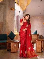 Luxe Drapes – Premium Embroidered Silk Saree with Golden Zari Pallu & Tassel Detailing