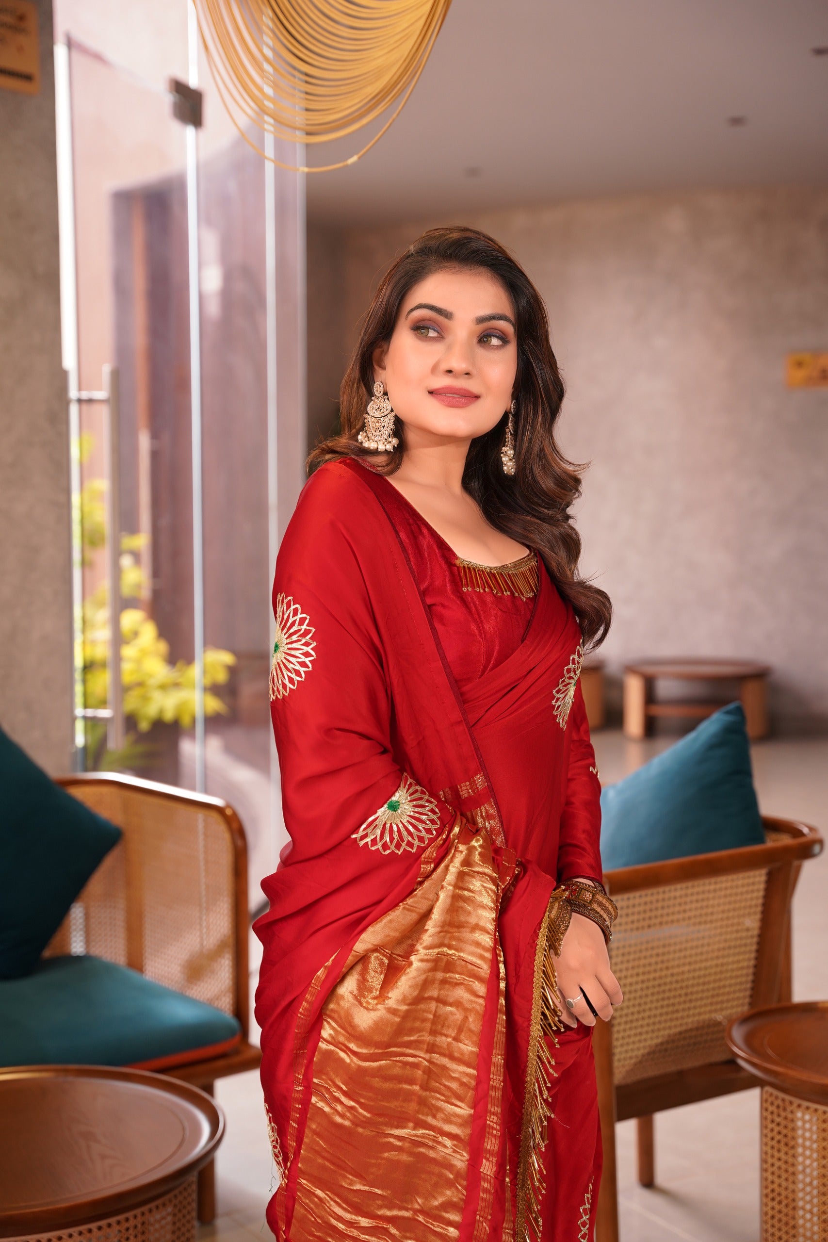 Luxe Drapes – Premium Embroidered Silk Saree with Golden Zari Pallu & Tassel Detailing
