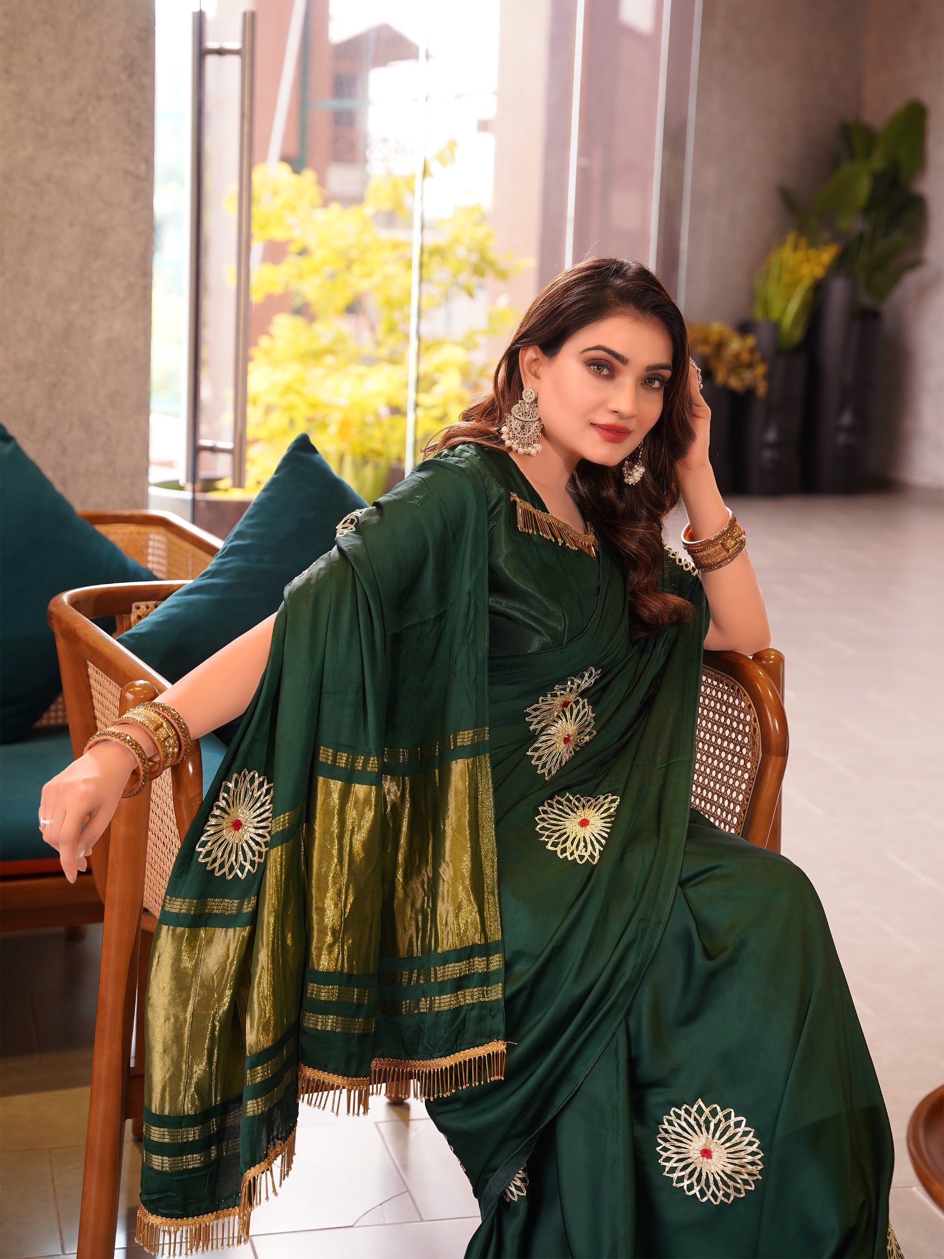 Luxe Drapes – Premium Embroidered Silk Saree with Golden Zari Pallu & Tassel Detailing