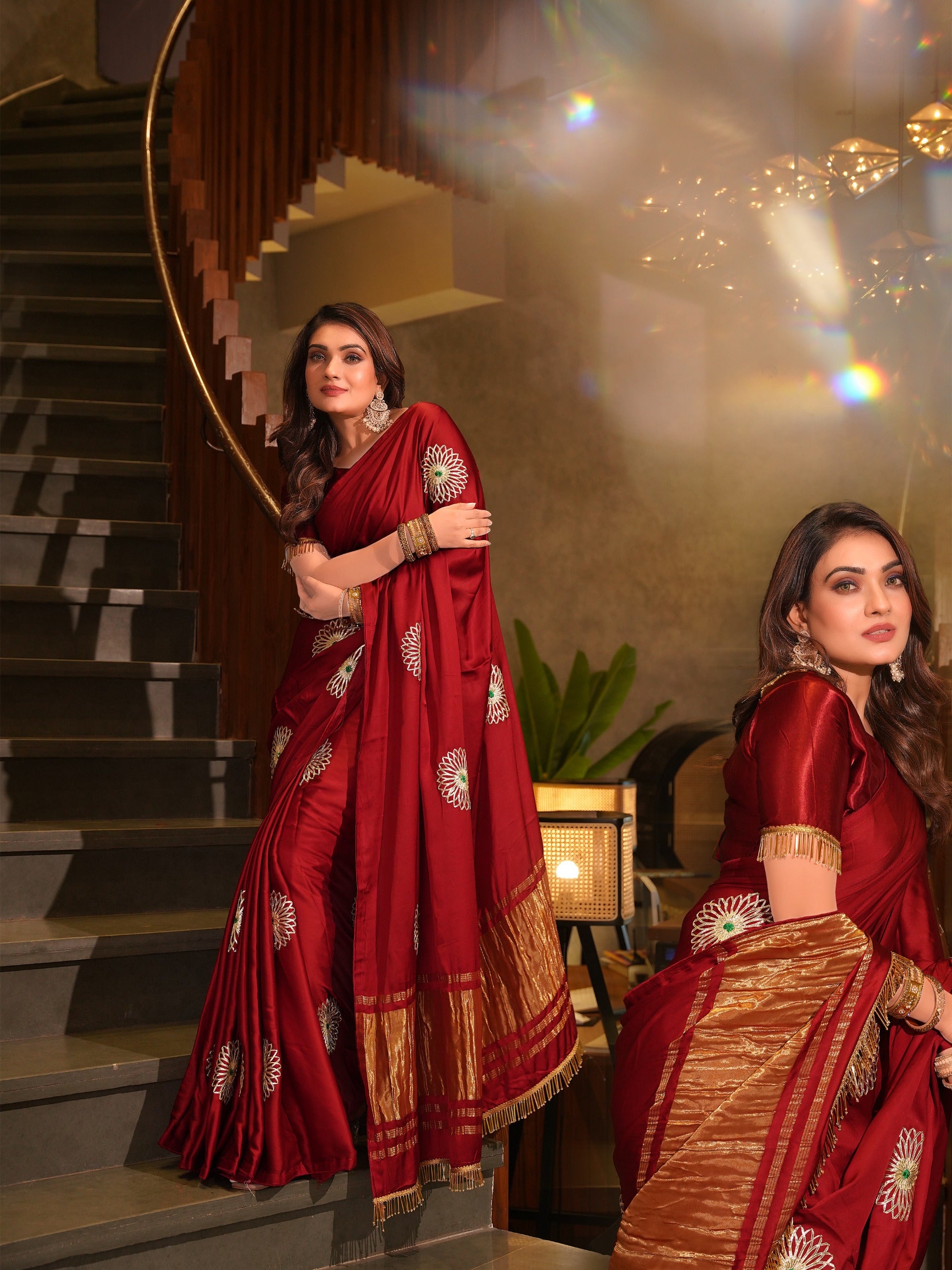 Luxe Drapes – Premium Embroidered Silk Saree with Golden Zari Pallu & Tassel Detailing