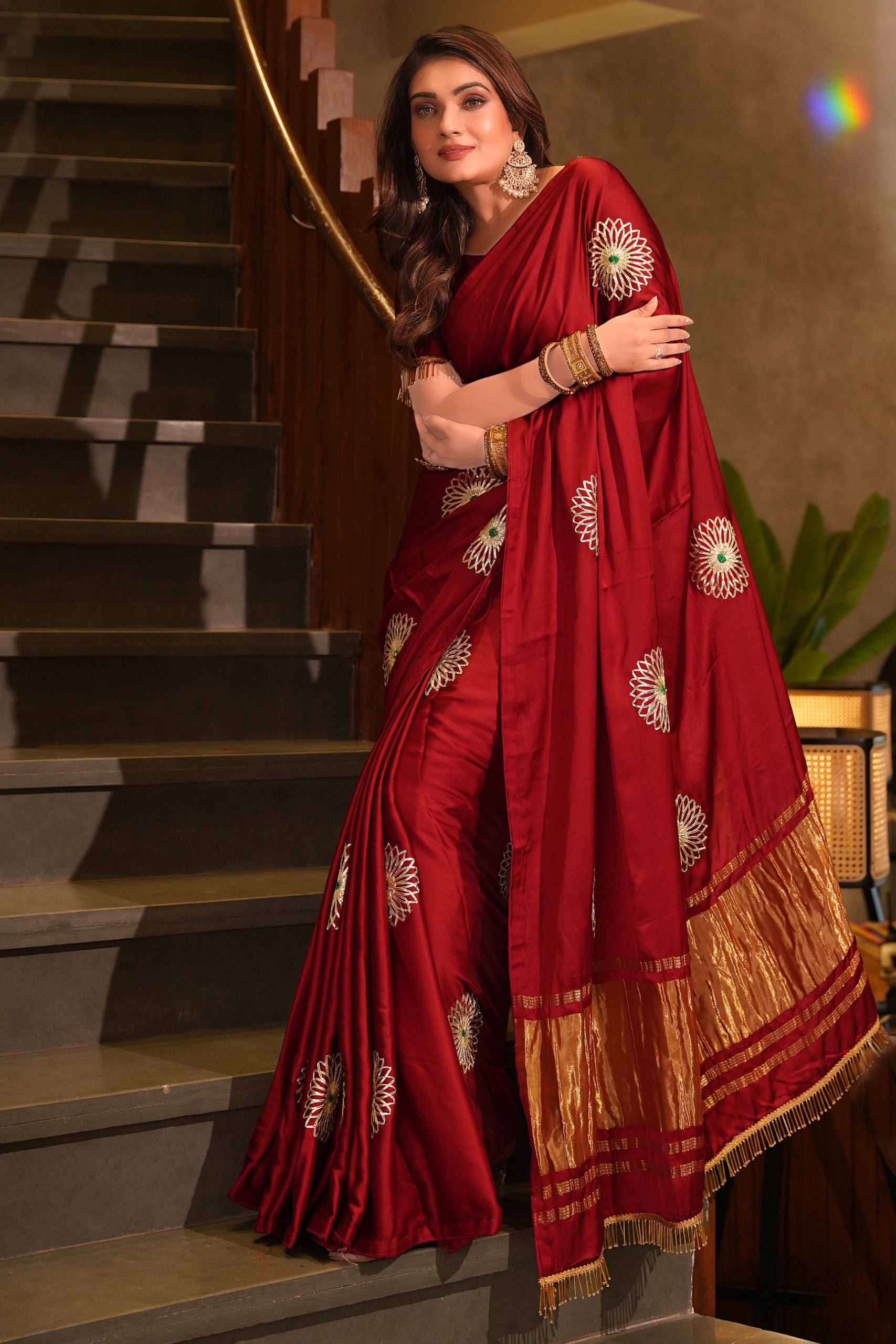 Luxe Drapes – Premium Embroidered Silk Saree with Golden Zari Pallu & Tassel Detailing