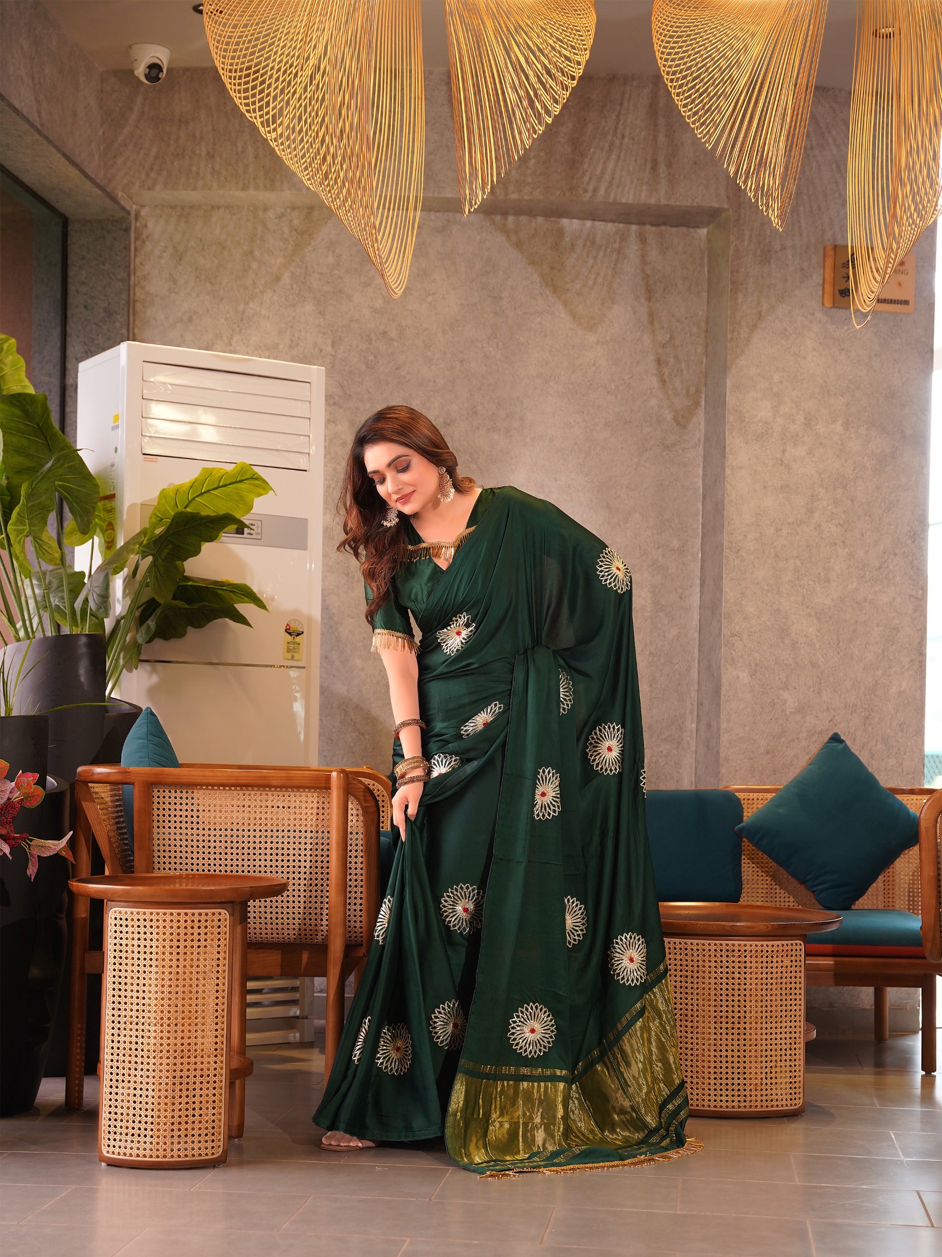 Luxe Drapes – Premium Embroidered Silk Saree with Golden Zari Pallu & Tassel Detailing