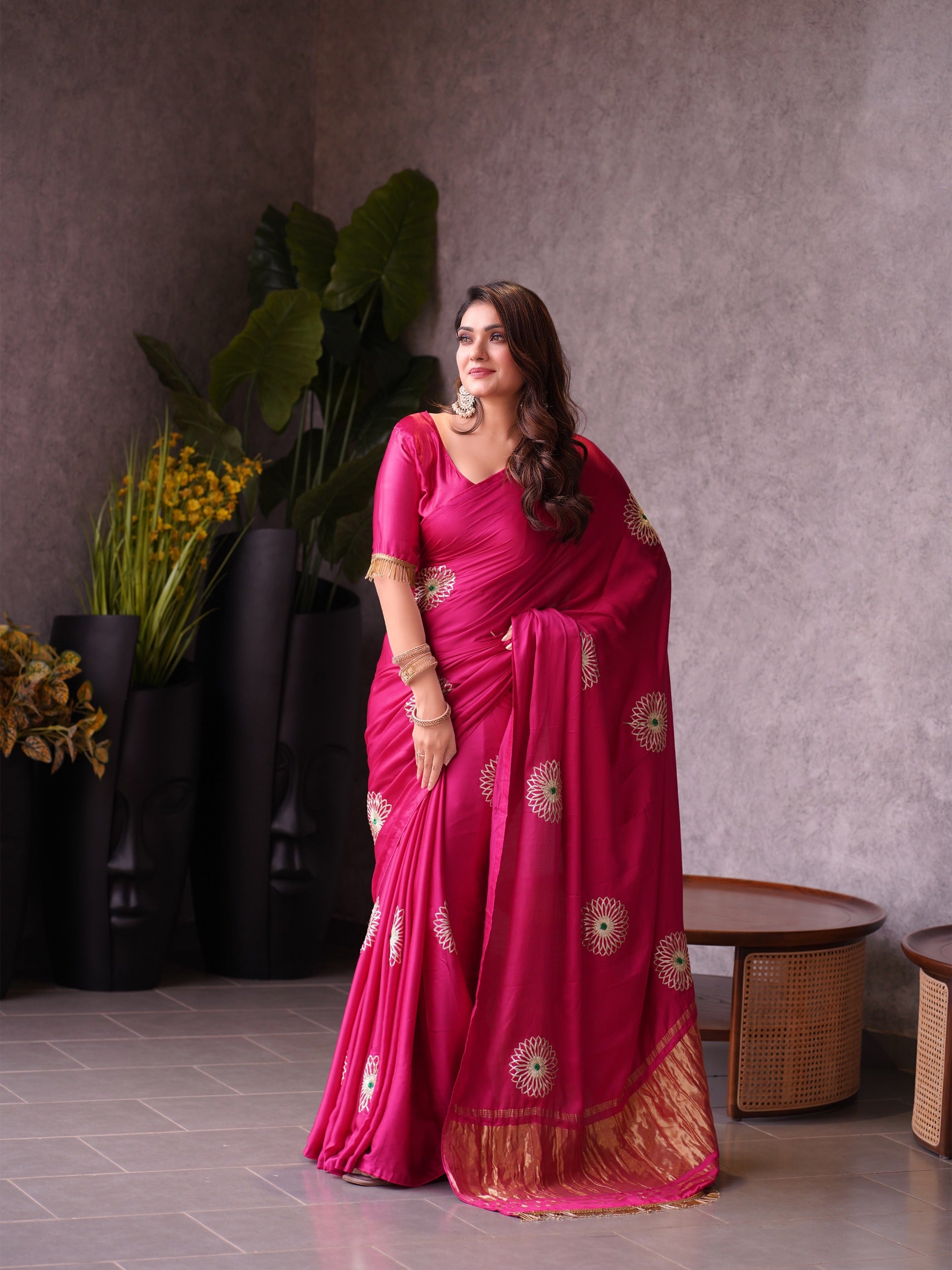 Luxe Drapes – Premium Embroidered Silk Saree with Golden Zari Pallu & Tassel Detailing
